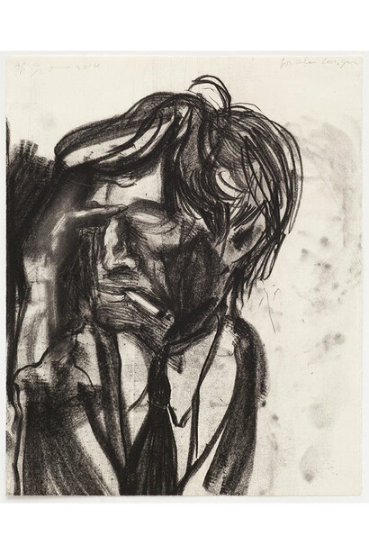 Jim Dine, Alan smoking at Sydney Close in the 90’s, 2014, Copper plate etching on Hahnemühle Copperplate warm white paper, Paper and image 46.7 x 37.4 cm, Image Courtesy Jim Dine and Alan Cristea Gallery, London