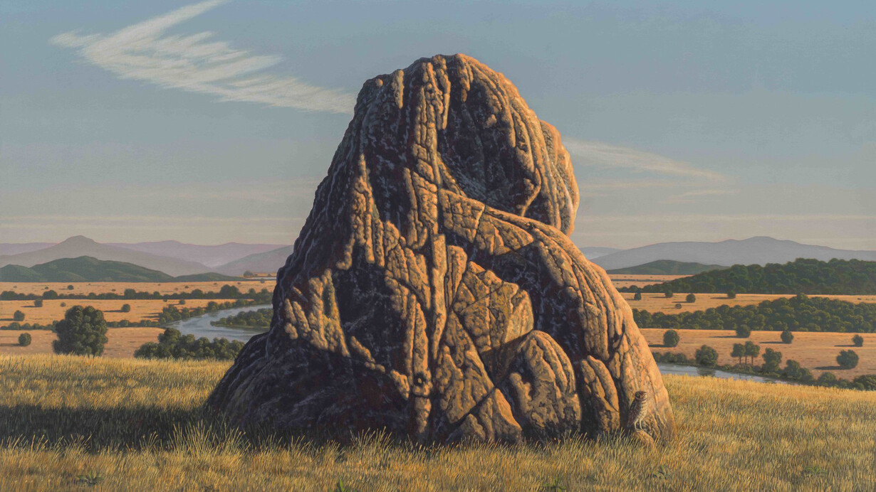 David Ligare, Landscape with owl (Athene noctua), 2024. Courtesy of Hirschl and Adler Gallery