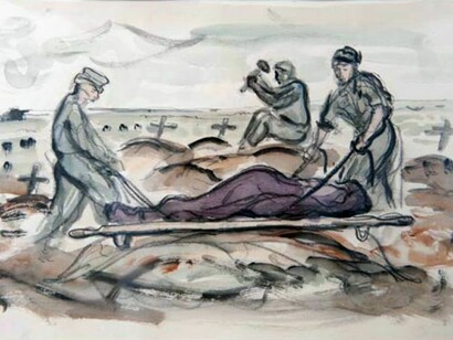 François Krige, Burial, Libya1942, , Unique Works on Paper, Charcoal, Watercolour, framed, 24 x 35.5 cm