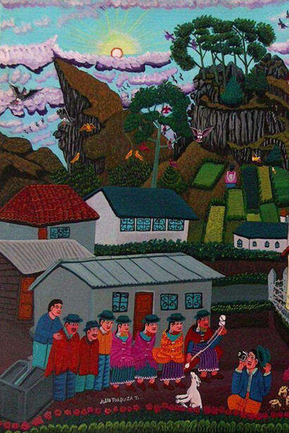 Tigua, Arte desde el centro del Mundo, Turista visita a la familia de pintores (detalle), Julio Toaquiza, 2007