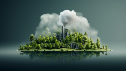 In the midst of a lush green forest, a factory disrupts the pristine environment with its polluting emissions