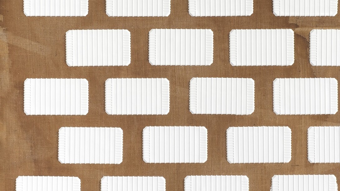 Mark Hagen, Pleasures Finite, Needs Infinite, detail, 2014, Acrylic through burlap, titanium frame anodized with Diet Coke, 72 3/4 x 48 3/4 x 2 inches (framed), © Mark Hagen - Photographer unknown, all rights reserved, Courtesy of the Artist and Almine Rech Gallery