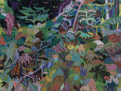 Leon Benn,
Sleepy Forest,
2021,
Oil and fabric dye on linen,
38 x 57 in. (96.5 x 14.8 cm)