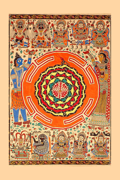 A Madhubani painting showing the Ten Mahavidyas (10 aspects of wisdom associated with Parvati), Shiva and Sakti, with the serpent Shri Yantra