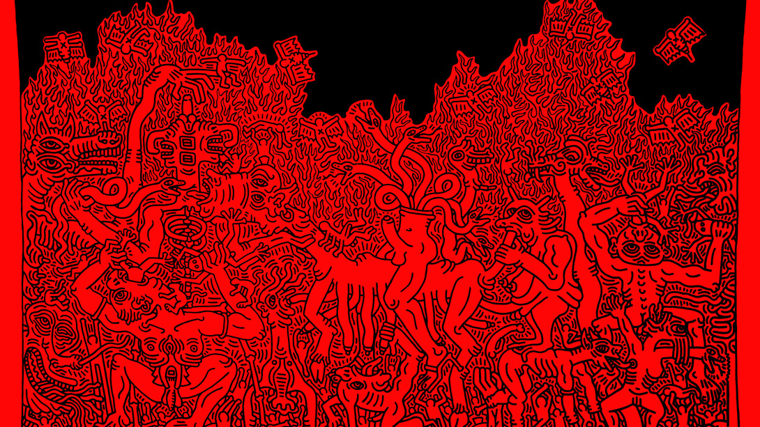 Keith Haring, Untitled (July 7, 1985), 1985, acrylic and oil on canvas with metal grommets, 116 x 180 inches, 294.6 x 457.2 cm, signed and dated 'July 7 1985 K. Haring' (on the reverse) © Keith Haring Foundation. Courtesy Sender Collection