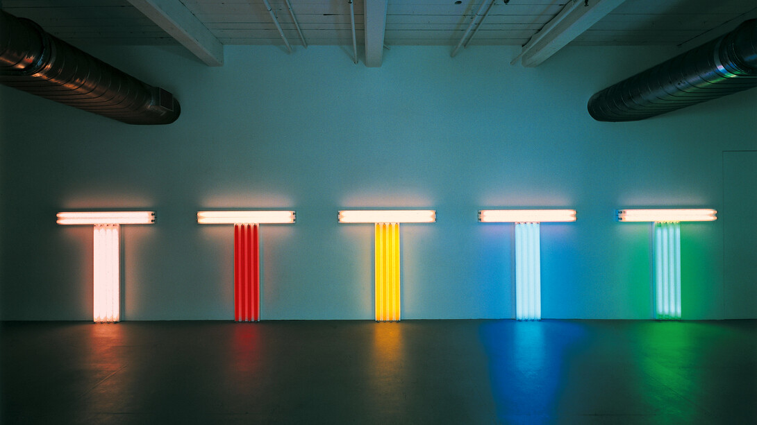 Installation view, Dan Flavin, untitled (to Don Judd, colorist) 1-5, 1987, MASS MoCA; courtesy of David Zwirner, New York London