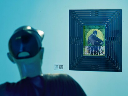 The artist’s portrait of his late friend Gordon sits within a stepped metal frame — a layered piece that speaks of memory, loss, and devotion