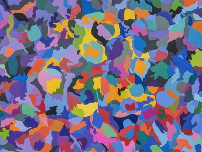 Peripheral thought, house photo word movie paint, singular color. Courtesy of Lora Schlesinger Gallery