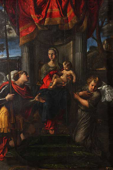 Angelo Caroselli, Madonna con Bambino e gli Arcangeli Michele e Raffaele, oil on wood, 111,5 x 73 cm, 1630 ca., Collezione Fondazione Roma, Roma