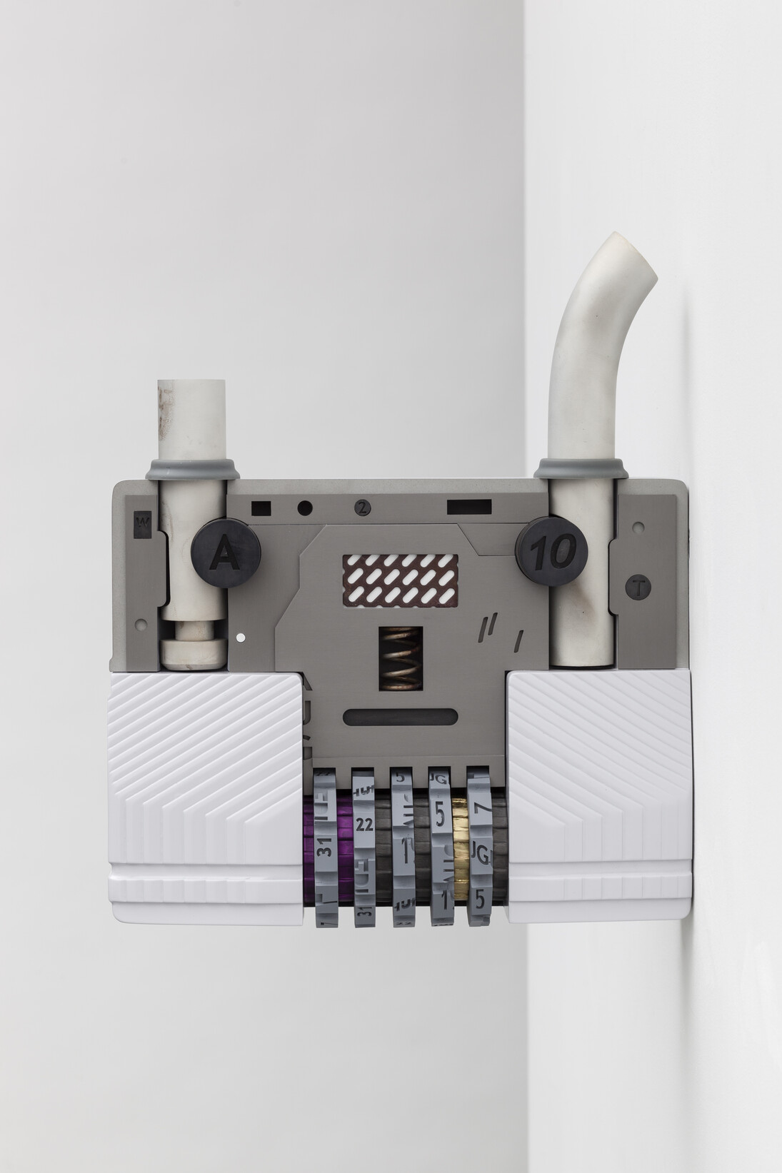 Magali Reus, Leaves (Shale, August), 2015, Milled and spray painted model board, aluminium tube, polyurethane rubber, powder coated, zinc plated, anodised, phosphated and blackened aluminium
and steel, polyester resin, 15 3/4 x 15 x 4 3/4 inches