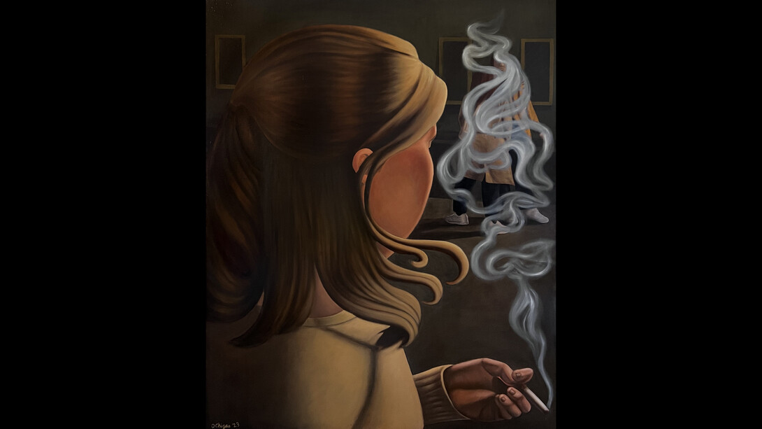 Olivia Chigas, Smoke Gets in Your Eyes, 2023, oil on canvas, 50x40 inches. Courtesy the artist and Voltz Clarke Gallery, NYC