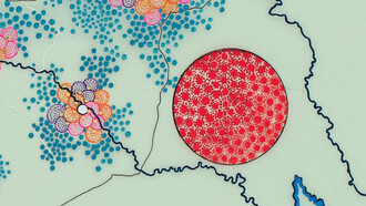 Tiffany Chung. Detail. UNHCR Red Dot Series - Tracking the Syrian Humanitarian Crisis - April-December 2012  (detail), 2014–15, part of “The Syria Project,” 2014, oil and ink on vellum and paper, nine works- 21 x 30 cm each