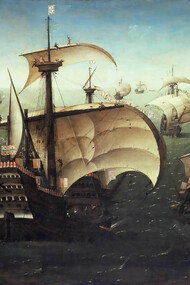 "Portuguese Carracks Off a Rocky Coast" is the oldest known sea painting in the National Maritime Museum's collection, created by a Flemish or Flemish-trained artist