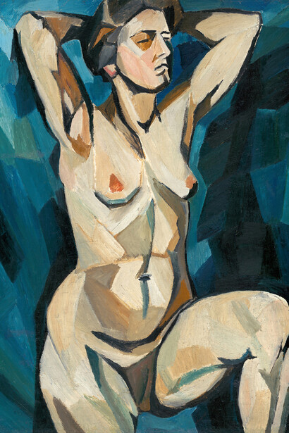Natalia Goncharova, Modella (su sfondo blu), 1909-1910, olio su tela, cm 111 x 87. Mosca, Galleria Statale Tretyakov, ZH-1633. Lascito di A.K. Larionova Tomilina, Parigi 1989  © Natalia Goncharova, by SIAE 2019 