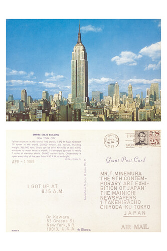 On Kawara, APR – 1 1969, From I Got Up, 1968–79, Stamped ink on postcard, 6 x 9 inches (15.2 x 23 cm). MTM Collection, Japan