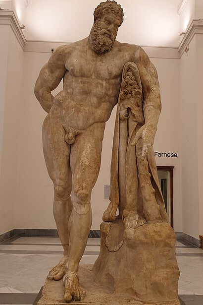 The Farnese Hercules is a massive ancient Roman marble sculpture, a copy of a lost Greek original by Lysippos, depicting a weary but powerful Hercules resting after completing his Twelve Labors