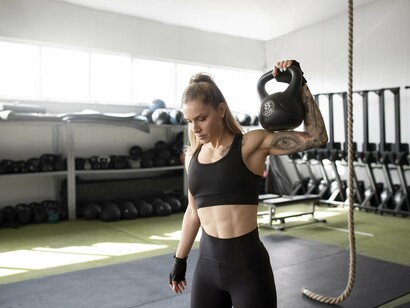 With strength and precision, a woman lifts the kettlebell over her shoulder, showcasing both power and control and reflecting how regular commitment transforms challenges into achievements—a reminder that dedication is the key to lasting progress and well-being