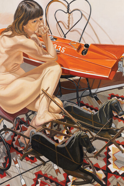 Philip Pearlstein, Model With Speedboat ans Kiddie Car Harness Racer, 2010 © Philip Pearlstein. Courtesy Betty Cuningham Gallery