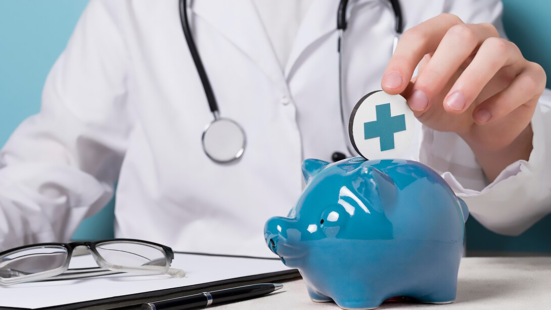 A doctor delicately holding a medical instrument while symbolically depositing money into a piggy bank, illustrating the juxtaposition of medical care and financial considerations in the healthcare industry