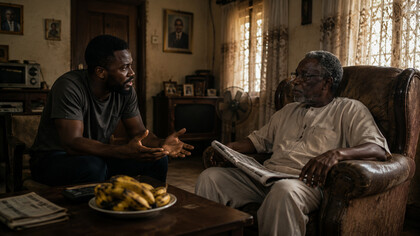 A son voicing his frustrations while his father responds with composure, showing the power of reflection over reaction