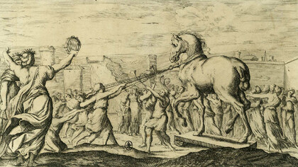 Un'incisione del 1663 di Giuseppe Maria Mitelli, tratta dal fregio delle Storie di Enea di Palazzo Fava a Bologna, affrescato dai Carracci