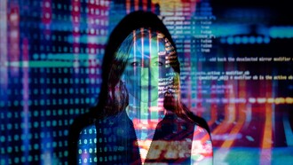 Person with computer code over their body and face