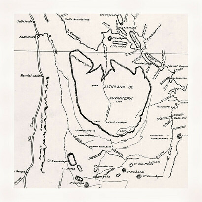 Map of Auyantepui and the region in which it is prepared by Joan Mundó I Freixas, with additions of Felix Cardona I Puig. Note the lack of a waterfall and the word "Kerepacupai" in the northwest section of the tepui, away from the area where is the Salto Angel. File Charles Brewer-Carías