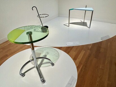 Exhibition view: Shiro Kuramata, Sally, 1987, Memphis Milano, Private Collection; Umbrella Stand F.I. -86, IDÉE, Artizon Museum, Ishibashi Foundation, Tokyo, Photo: Alma Reyes

