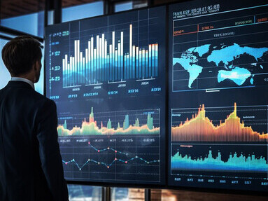 AI-powered trading tools displayed on a futuristic interface, helping investors analyze stock market data and make informed decisions