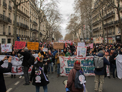 The July Column was occupied by protesters during a large demonstration in Paris against the 2023 pension reform on March 28, 2023
