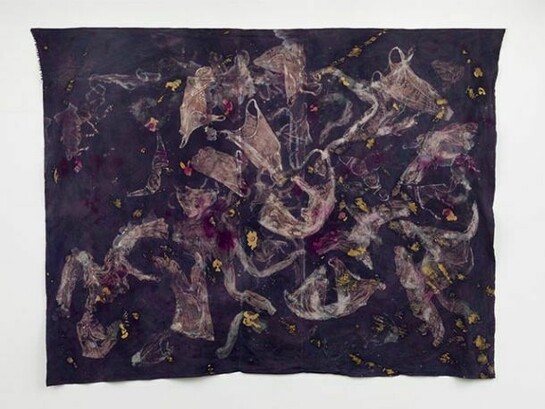 Ann Shostrom, “Market Place” 2014 108” x 144”, cotton, dyes, bleach prints, wax, acrylic