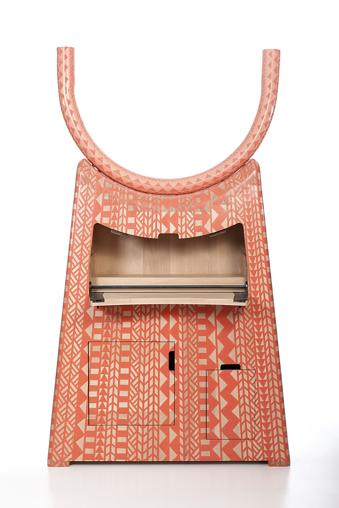 "Headrest," Kassena series bar cabinet in peach-colored hand­‐painted white beech with interior lighting. Designed and made by Dokter and Misses,
South Africa, 2015. 52.36" L x 19.7" W x 88.58" H / 133cm L x 50cm W x 225cm H. Photo by Brett Rubin, courtesy of Southern Guild.