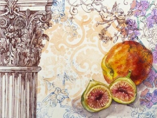 Kira Nam Greene, Fig Heaven, 2011, watercolor, linocut, stencil, pen and ink on paper, 10 x 13 inches