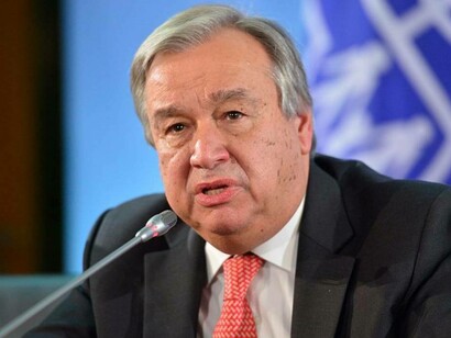 UN Secretary-General Antonio Guterres speaking at a conference on behalf of the United Nations