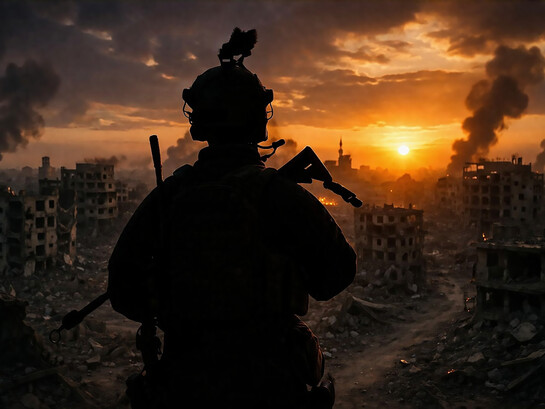 A lone soldier stands silhouetted against a burning, war-torn city, where conflict, power, and silence converge at the edge of collapse