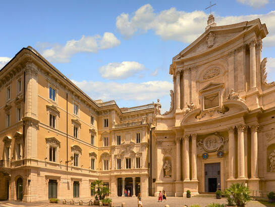 The facade of the Six Senses Rome hotel, which includes Palazzo Mellini, part of the Monastery of the Servite Order, and Palazzo Decarolis