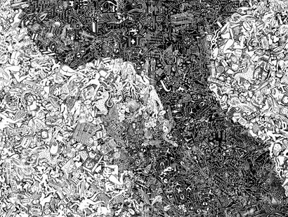 Ava McDonough, The Exile’s Return (detail), 2023. Ink, paper, and acrylic on panel, 60 x 120 in. (152.4 x 304.8 cm). Courtesy of Lowell Ryan Projects