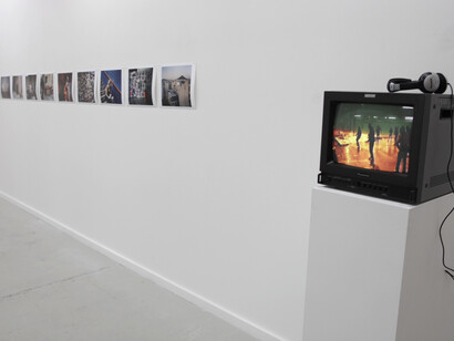 General view of the exhibition. Photographs series *Youth of Athens* by Pauliana Valente Pimentel and *Cream* by Angela Tiatia at *Art stabs power: que se vayan todos!* at Bermondsey Project, London, curated by Inês Valle. Credit Nelson Santos, 2014