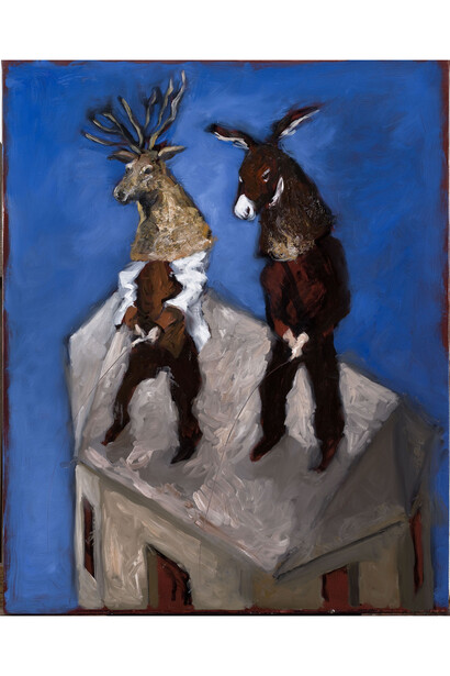 Gérard Garouste, Comment uriner du toit
d’une maison, 2015, huile sur toile, 85 x 65 cm.
Galerie Daniel Templon, Paris/Bruxelles.
© Photo Bertrand Huet/Tutti. © Adagp Paris 2015