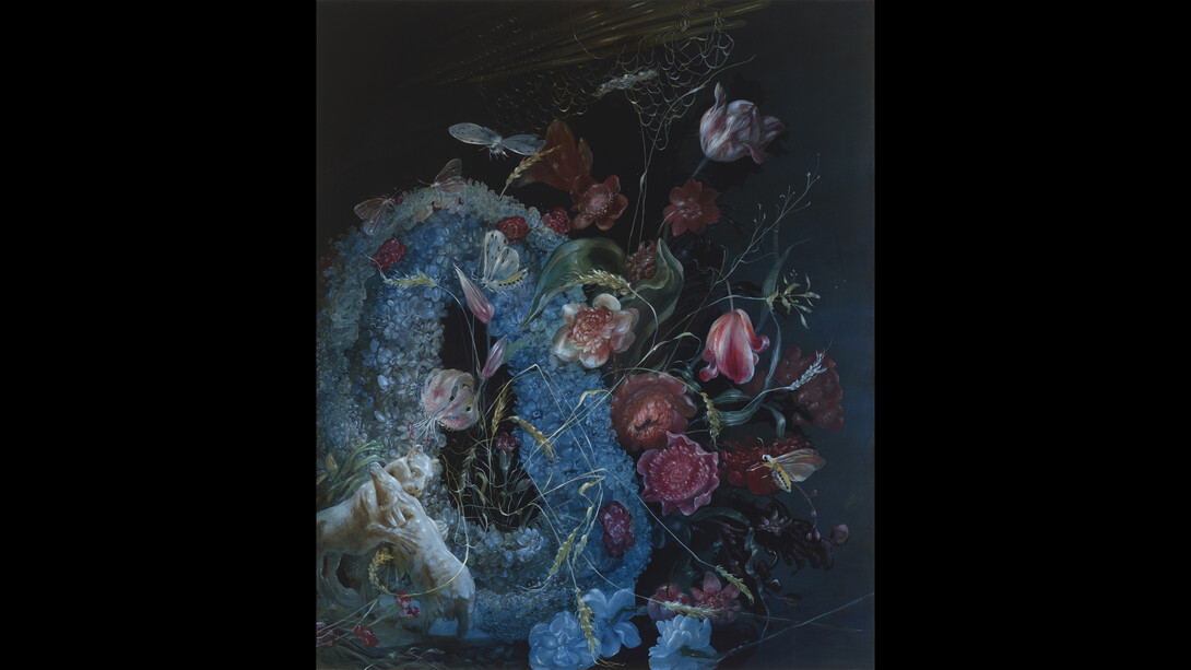 Nicole Duennebier, Wreath with Figurine of Cougar, 2023. Acrylic on panel, 60.96h x 50.80w cm, 24h x 20w in. Courtesy of Nicodim Gallery