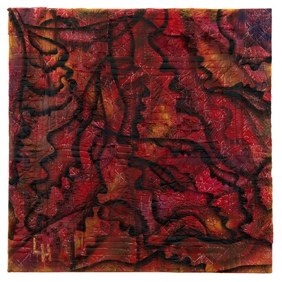 Lonnie Holley,
What Women Are Afraid to Lose (The Fires On Our Planet), 2022.
Acrylic, gesso, spray paint, and oil stick on quilted fabric over wood panel,
48¼ x 48¼ x 2 inches. Courtesy of the artist and March Gallery