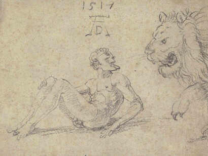Albrecht Dürer (1471–1528)
Sitzender nackter Mann mit einem Löwen, 1517
Schwarzer Stift auf Büttenpapier, 146 × 198 mm
Städel Museum, Frankfurt am Main
© Städel Museum