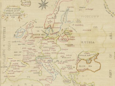 Cartina dell'Europa ricamata da Mary Bulley nel 1786