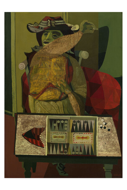 Robert MacBryde (1913-1966), The Woman and the Trictrac Game, c.1945-6, Oil on canvas, 106.7 x 76.2 cm, Collection: Glasgow Life (Glasgow Museums) on behalf of Glasgow City Council