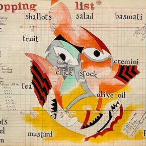 Billy Copley, Picasso (Shopping List), 2021, colored pencil, ink, pencil, acrylic on found ledger paper, 14 1/2x20 inches. Courtesy of Jennifer Baahng, NYC