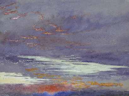 John Ruskin, Study of Dawn: Purple Clouds, 1868
Watercolour and bodycolour over faint graphite lines on blue-grey paper; 15.3 x 22.3 cm, The Ashmolean Museum, Oxford. Presented by John Ruskin to the Ruskin Drawing School (University of Oxford), 1875