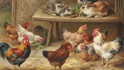 Edgar Hunt. Coelhos e galinhas. 1904