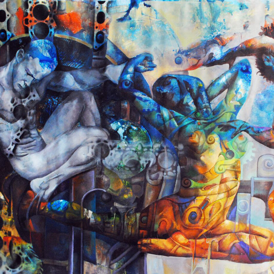 Transcultural (detail), 2015, acrylic on linen. Allentown Art Museum