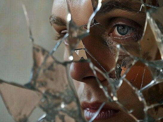 Um rosto aparece fragmentado pelos estilhaços de um espelho, enquanto um olho azul se destaca entre os pedaços de vidro. Os reflexos multiplicam as perspectivas e transformam a imagem numa composição inquietante, quase hipnótica. Em "Partiram-se os espelhos!", essa fragmentação evoca a dificuldade de reconhecer a realidade quando as convicções, as aparências e as informações distorcidas se sobrepõem à capacidade de discernimento