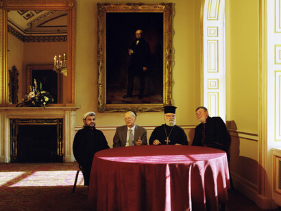 (L-R) Imam Mohammed Alawi, Dr Peter Grant, Father Iakovos Kasinos, Reverend Canon Bob Lewis at Liverpool Town Hall by artist Othello De'Souza-Hartley, Liverpool 2015 © B3 Media
